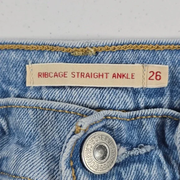 Levis Premium Ribcage Straight Ankle Jeans Womens 26 Light Wash Distressed 72693 - Picture 7 of 12